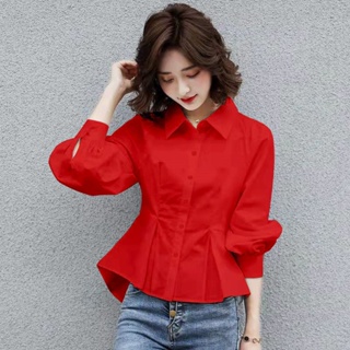 Long Sleeve Shirt Women Fashion Simple Red Blouse Korean Style Office Plus Size Top