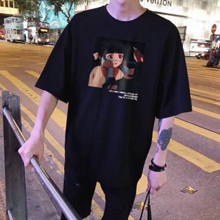 เสื้อยืดแขนสั้น ทรงหลวม พิมพ์ลาย สไตล์ฮ่องกง สําหรับผู้ชาย