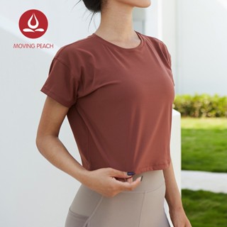 Moving Peach เสื้อยืดลําลองสําหรับสตรีเซ็กซี่แขนสั้นทรงหลวมเหมาะกับการเล่นโยคะฟิตเนส Btq