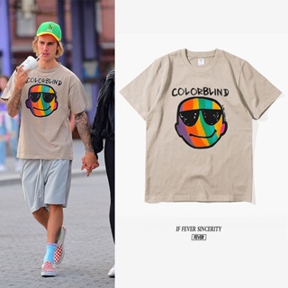 เสื้อยืดแขนสั้นลําลอง ทรงหลวม ลาย Justin Bieber สีรุ้ง แฟชั่นฤดูร้อน สไตล์ยุโรป และอเมริกา_03