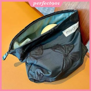 กระเป๋าเครื่องสําอาง ประดับโบว์ ขนาดใหญ่ จุของได้เยอะ แบบพกพา สีดํา makeup bag