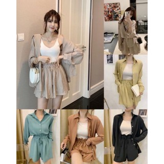 937 Set 3ชิ้น มาใหม่ ค่ะเนื้อ ผ้าดีมากค่ะ เสื้อแขนยาว  +เสื้อสายเดี่ยวขาว+  กางเกง จีบ