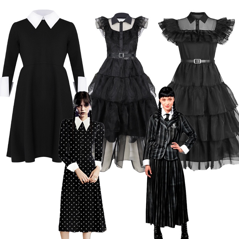 ชุดคอสเพลย์วันฮัลโลวีนสีดำแบบ Adam's Family สำหรับเด็กและเยาวชนหญิง