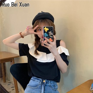 RUO BEI XAUN เสื้อเชิ้ตผู้หญิง ใหม่ เสื้อเชิ้ตแขนสั้นแฟชั่นเกาหลีระบายปิดไหล่