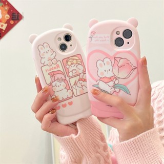 เคสโทรศัพท์มือถือแบบนิ่ม TPU ลายการ์ตูนหมี กระต่าย ดอกไม้ สีชมพู 3D สําหรับ iPhone 14 13 12 11 Pro Max 12Pro 13Pro 14Pro 14Plus 13ProMax 14ProMax