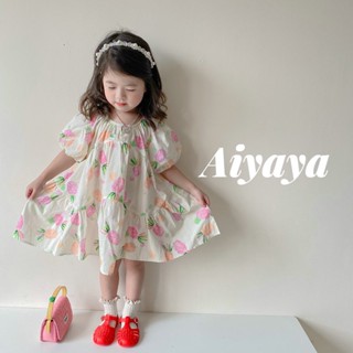 Aiyaya ชุดเด็กพร้อมส่ง ชุดเดรสเด็กผู้หญิง เดรสแขนพองลายผลไม้และสัปปะรด（501）