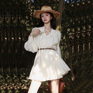 ชุดเดรส ความยาวปานกลาง คอวี แต่งลูกไม้ สีขาว ขนาดเล็ก แฟชั่นฤดูใบไม้ผลิ สําหรับผู้หญิง