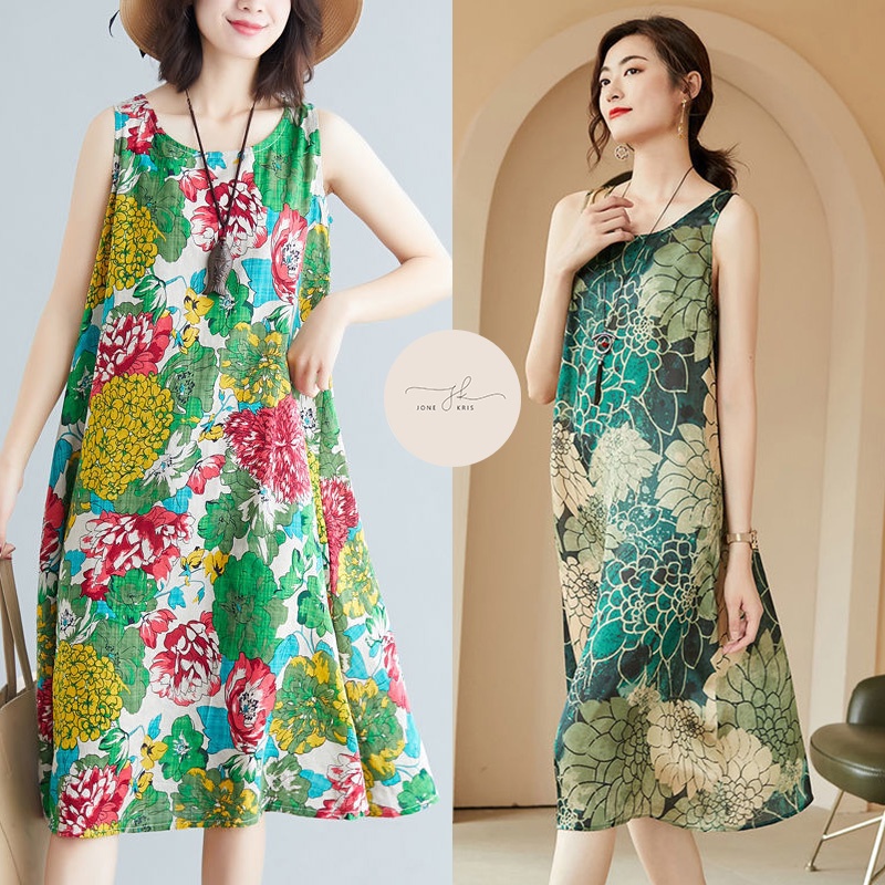 เดรสยาวสีเขียว ลายดอกไม้  ชุดเดรสยาว  ลําลองเเฟชั่น  เดรสยาวสไตล์เกาหลี สําหรับผู้หญิง