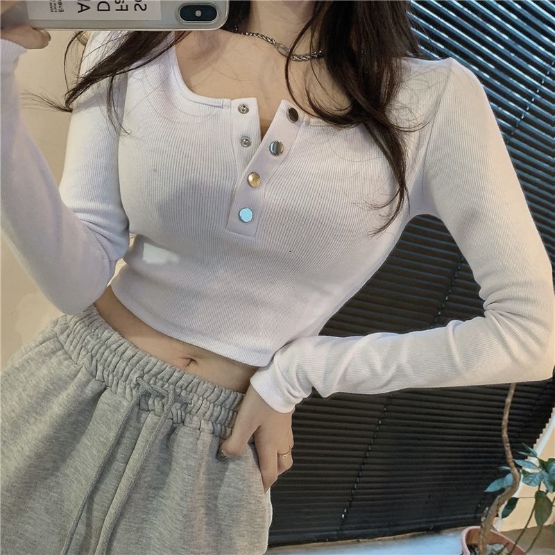 Toshow🌄All-Match Basic Buttons Long Sleeve Women s Short T-Shirts slimming outerwear sexy sweater top Trendy