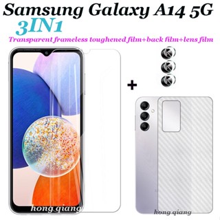 3in1 Samsung Galaxy A14 5G A04E A23 A13 A54 5G A34 5G ฟิล์มกระจกนิรภัย แบบใส ไร้ขอบ + ฟิล์มเลนส์ + ฟิล์มหลัง คาร์บอนไฟเบอร์