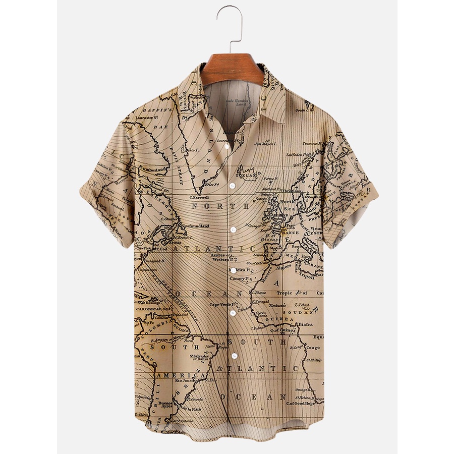 เสื้อเชิ้ตแขนสั้น พิมพ์ลายแผนที่โลก สไตล์ฮาวาย วินเทจ ฮาราจูกุ สําหรับผู้ชาย