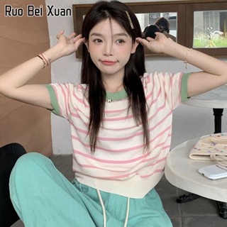 RUO BEI XAUN เสื้อยืดแขนสั้นลายทางแฟชั่นเกาหลีฤดูร้อนใหม่