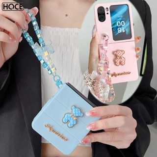 Hoce เคสโทรศัพท์มือถือแบบแข็ง ผิวด้าน ผิวด้าน กันกระแทก แต่งโบว์ หมีน่ารัก พร้อมสายโซ่คล้อง สําหรับ OPPO Find N2 Flip 5G