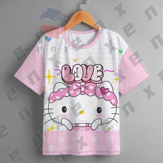 ใหม่ 3-13 ปี!เสื้อยืดแฟชั่น ลาย Hello Kitty สีตัดกัน สําหรับเด็กผู้หญิง