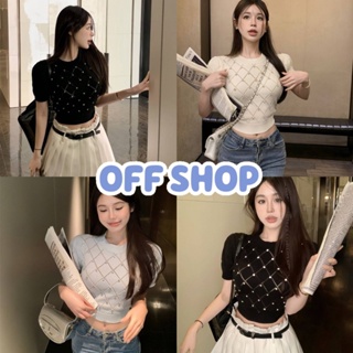 OFF SHOP พร้อมส่ง (OFF-63042) เสื้อไหมพรมแขนสั้น คอกลม ดีเทลปักเพชรทั้งตัวสีพาสเทล