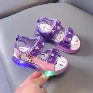 SUGE รองเท้าแตะลําลอง ลายการ์ตูนแมว มีไฟ LED สีชมพู สีม่วง แฟชั่นชายหาด สําหรับเด็ก