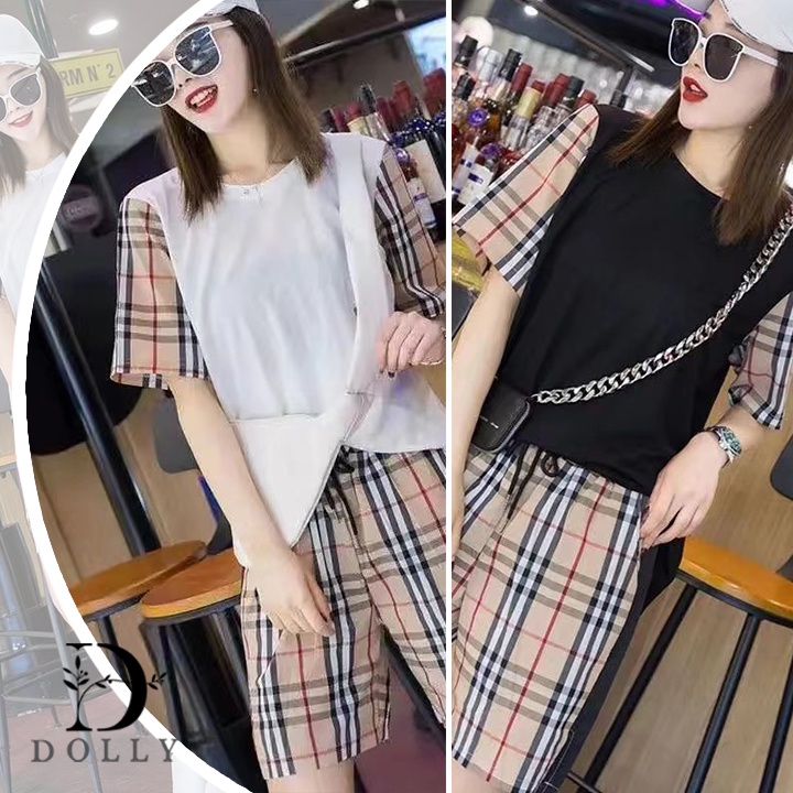 พร้อมส่ง ชุดเซ็ทเเฟชั่นผู้หญิงผ้านิ่ม ชุดเซ็ท2ชิ้นเสื้อ+กางเกงลายสก๊อต ชุดลำลองผ้านิ่มใส่สบาย