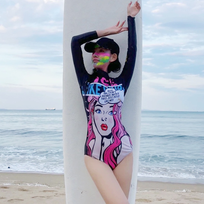 การ์ตูนผอมสามเหลี่ยมบิกินี่ชุดว่ายน้ําสาวอนุรักษ์นิยมแขนยาว Belly-Covering ชุดว่ายน้ําชิ้นเดียว Slimmer ดูท่องแมงกะพรุนกางเกงสูท Sun