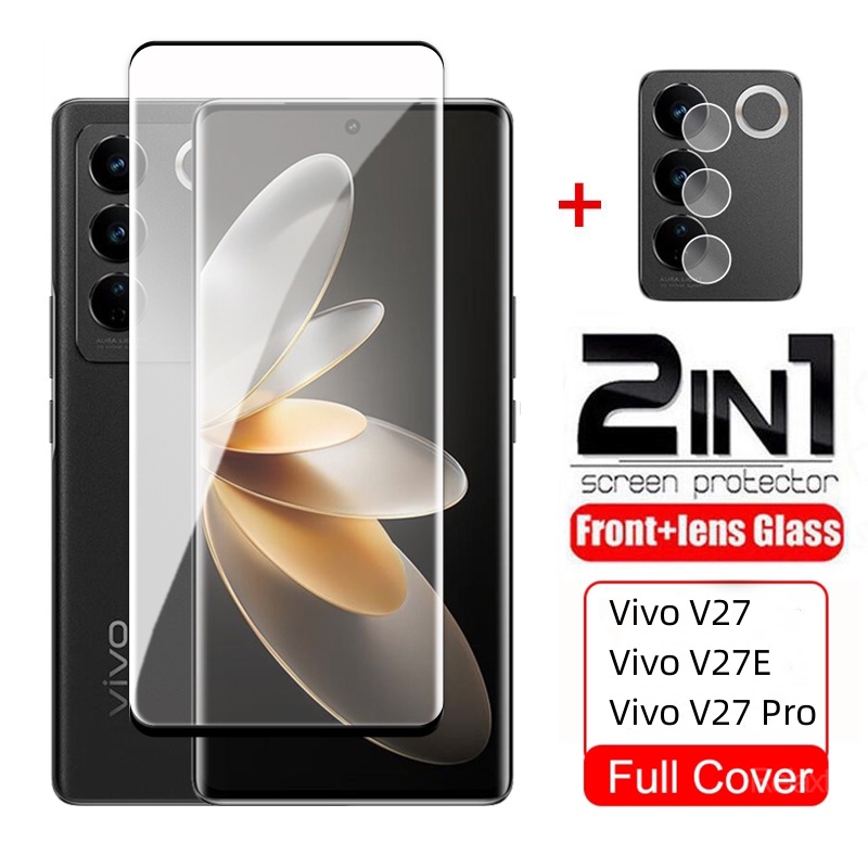 2 IN 1 ฟิล์มกระจกนิรภัยกันรอยหน้าจอ 9H HD แบบโค้ง เต็มจอ ด้านหลัง เลนส์กล้อง สําหรับ Vivo V27 Pro 5G