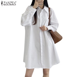 ZANZEA Women Korean Casual Long Sleeve Buttons Loose Solid Long Shirt Mini Dress