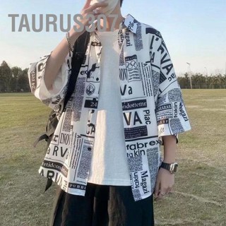 Taurus307 เสื้อเชิ้ตแขนครึ่งลําลอง พิมพ์ลายหนังสือพิมพ์ ติดกระดุม สําหรับผู้ชาย