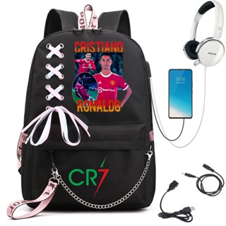 Cr7 Cristiano Ronaldo กระเป๋าเป้สะพายหลัง กระเป๋านักเรียน ผ้าแคนวาส ความจุเยอะ พอร์ต USB สําหรับเด็กนักเรียน