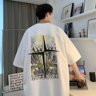 เสื้อยืดแขนสั้น พิมพ์ลายกราฟฟิคไม้กางเขน ทรงหลวม สไตล์เกาหลี ไซซ์ M~5XL เหมาะกับฤดูร้อน สําหรับผู้ชาย มีสีดํา สีขาว