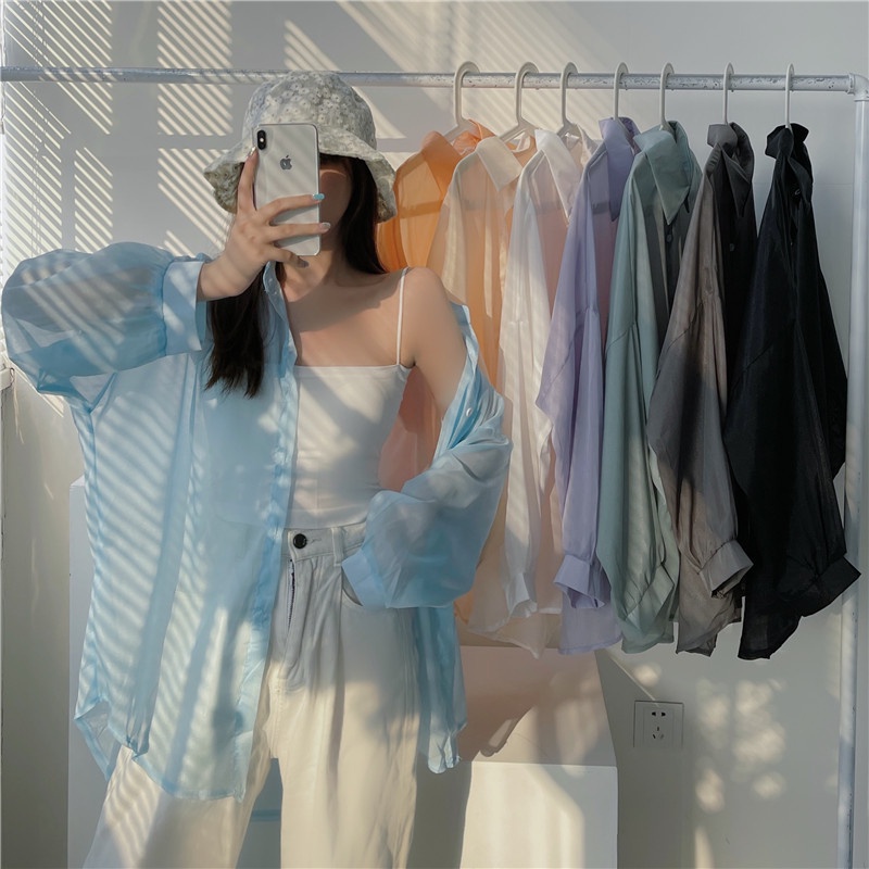 Grace_chili  W214 เสื้อเชิ้ตสีพื้น ทรงหลวม เสื้อเชิ้ตแขนยาว เสื้อคุลมแฟชั่น ผ้ามีแวววาว – โปรปัง