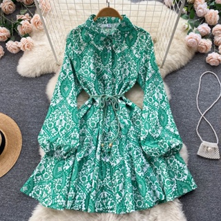 Cold elegant temperament socialite dress spring and autumn new style waist belt thin lantern long-sleeved A-shaped skirt