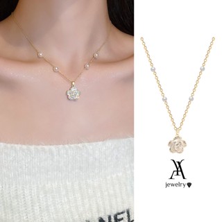 AY(CN)Temperament White Camellia Pendant Necklace Pearl Gold Chain Choker for Women Jewelry Accessories