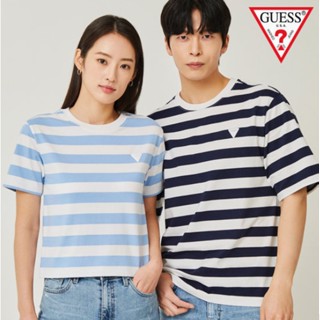 [Guess Korea] เสื้อยืดแขนสั้น ลายทาง กึ่งโอเวอร์ฟิต สําหรับผู้ชาย และผู้หญิง 2023