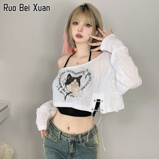 RUO BEI XUAN เสื้อยืดพิมพ์ลายแมวและดอกไม้น่ารักสำหรับผู้หญิง