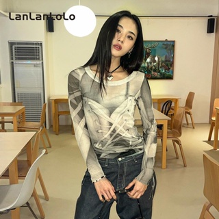 Lanlanlolo เสื้อคอกลม แขนยาว ผ้าตาข่ายใส พิมพ์ลาย สําหรับผู้หญิง 2023