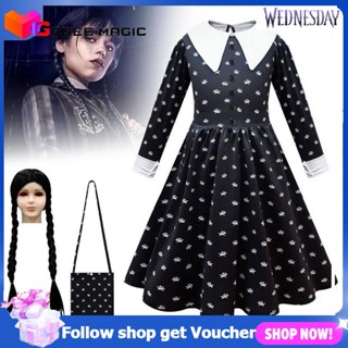 Wednesday Addams ชุดเดรสคอสเพลย์ ชุดเดรสคอสเพลย์ แขนยาว พิมพ์ลาย สําหรับเด็กผู้หญิง 2023