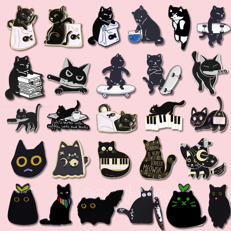 100 รูปแบบ การ์ตูนแมวดํา เคลือบ Pins สัตว์ เข็มกลัด ตลก ลูกแมว เข็มกลัด ตาโต น่ารัก แมว Pin ปกเสื้อ ป้าย เครื่องประดับ ของขวัญสําหรับเพื่อน