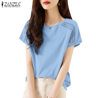 ZANZEA Womens Korean Commuting Daily Knitted Short Sleeve O-Neck Lace Patchwork Blouse