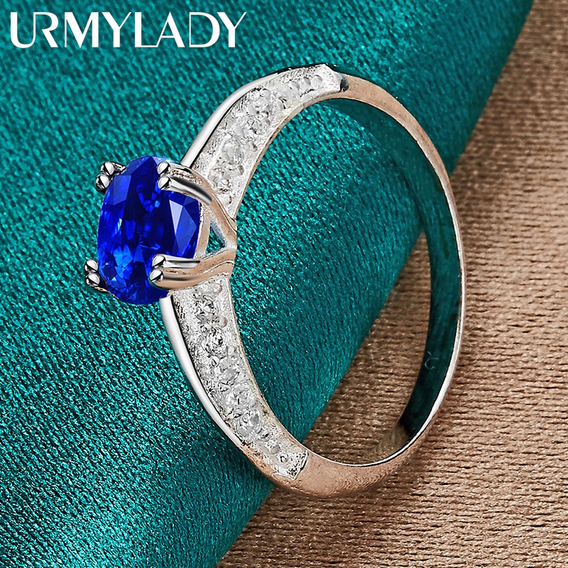 Urmylady แหวนเงินแท้ 925 ประดับเพทาย สีฟ้า 7-10 # เครื่องประดับแฟชั่น สําหรับผู้หญิง งานแต่งงาน ปาร์ตี้