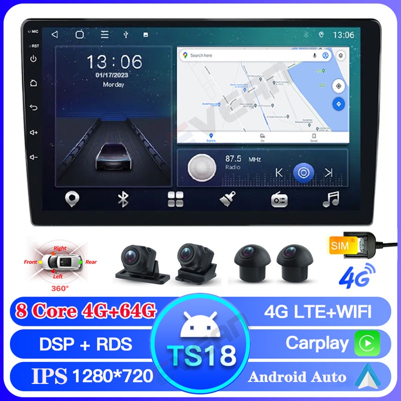 Ts18 4G+64G 8 Core วิทยุรถยนต์ Android 9/10.1 นิ้ว 2 Din รองรับ CarPlay ไร้สาย และ Android Auto หน้าจอ IPS 1280*720P พร้อมช่องใส่ซิมการ์ด DSP AM GPS WIFI BT