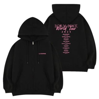 เสื้อกันหนาวลําลอง ผ้าฝ้าย มีฮู้ด แต่งซิป ทรงหลวม ลาย KPOP BLACKP [INK BORN PINK Asia Tour สไตล์เกาหลี ฮาราจูกุ สตรีท พลัสไซซ์ แฟชั่นสําหรับผู้ชาย และผู้หญิง