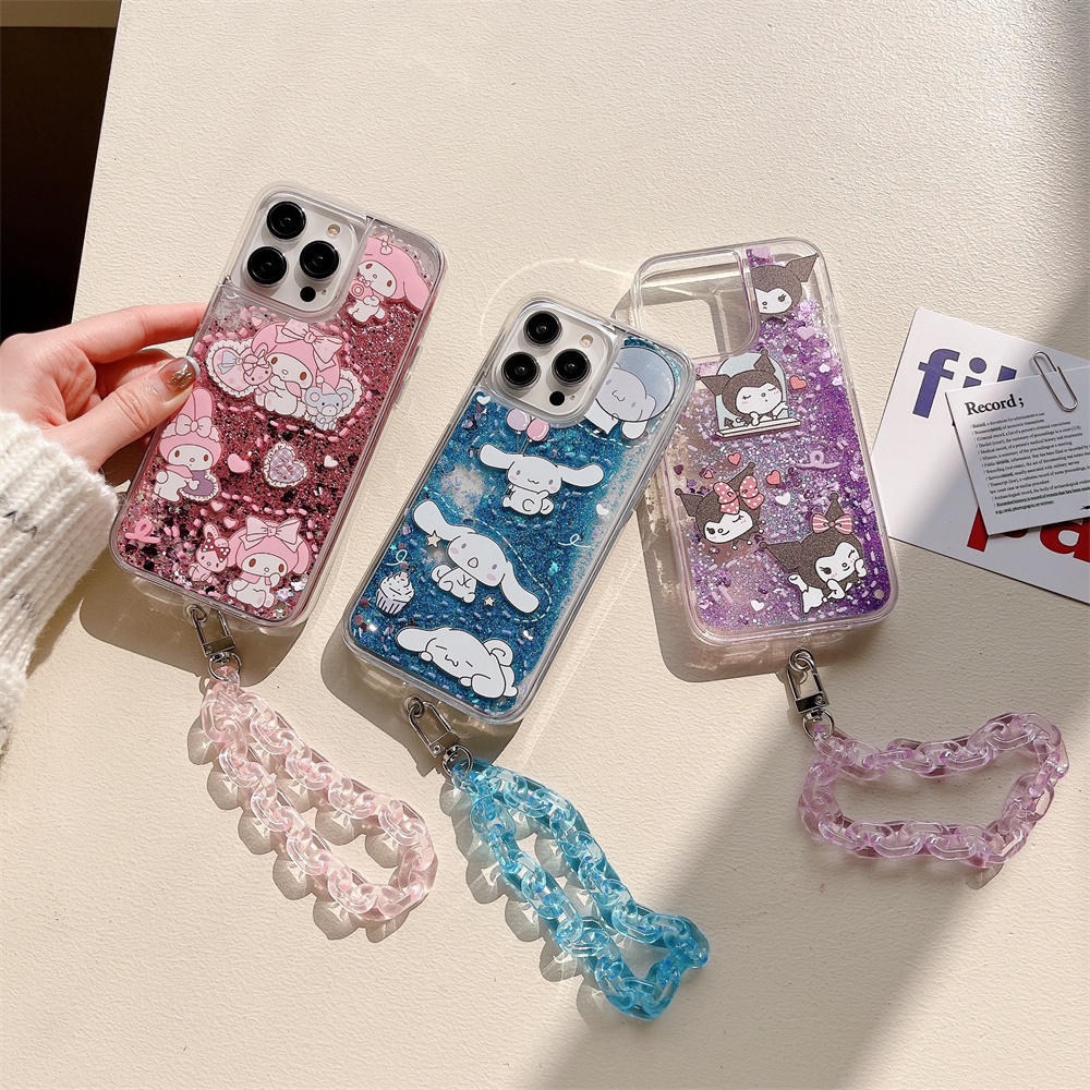 เคสโทรศัพท์มือถือ แบบกลิตเตอร์ในของเหลว วิบวับ พร้อมสายคล้องมือ ลาย Cinnamoroll สําหรับ VIVO V29 V27 V25 V23 Pro V27e V25e V23e X100 X90 X80 X70 X60 X50 Pro 4G 5G