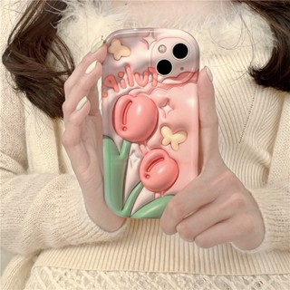 เคสโทรศัพท์มือถือ ซิลิโคน กันกระแทก ลายดอกทิวลิป 3D สีชมพู สร้างสรรค์ สําหรับ Iphone 14 12PRO 12 11 13 Pro Max 13 14promax