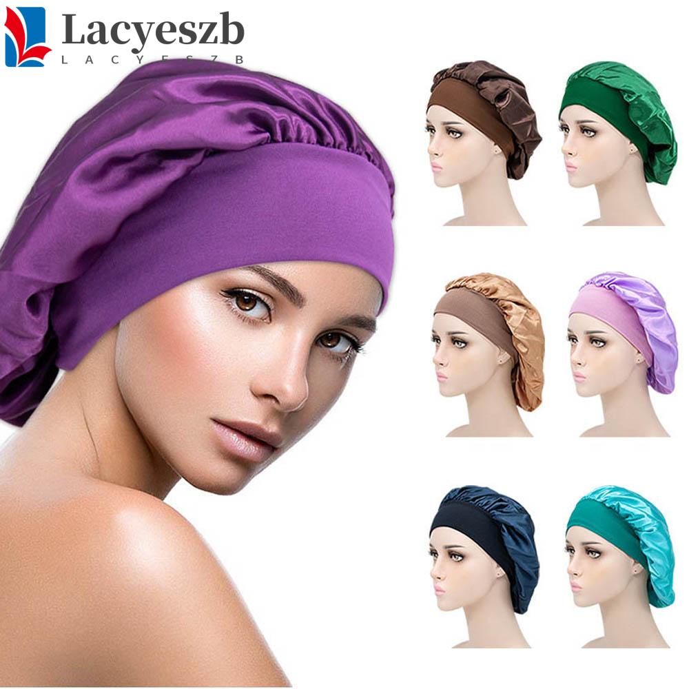 Lacyeszb หมวกนอน หมวกคลุมหัวกว้าง ผ้าไหม กลางคืน นอนหลับ ผู้หญิง ผ้าซาติน หมวกบอนเน็ต