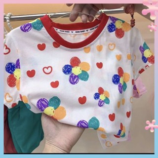 2022 girls summer new sunflower cotton short-sleeved T-shirt female baby Korean style floral T-shirt childrens top