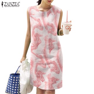 ZANZEA Women Korean Daily Water Ripple Printing Sleeveless Hem Split Vest Dress