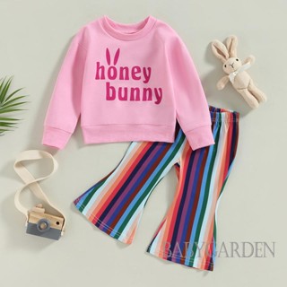 Babygarden-6m-4y ชุดเสื้อผ้าเด็กผู้หญิง แขนยาว พิมพ์ลายตัวอักษร เสื้อกันหนาว + กางเกงขาบาน เอวยางยืด ลายทาง