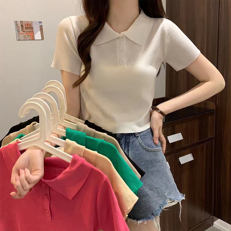 🍓Olivia🍓เสื้อไหมพรมแขนสั้น คอปกแต่งกระดุม สีพื้น มินิมอล น่ารัก สไตล์เกาหลี #A40