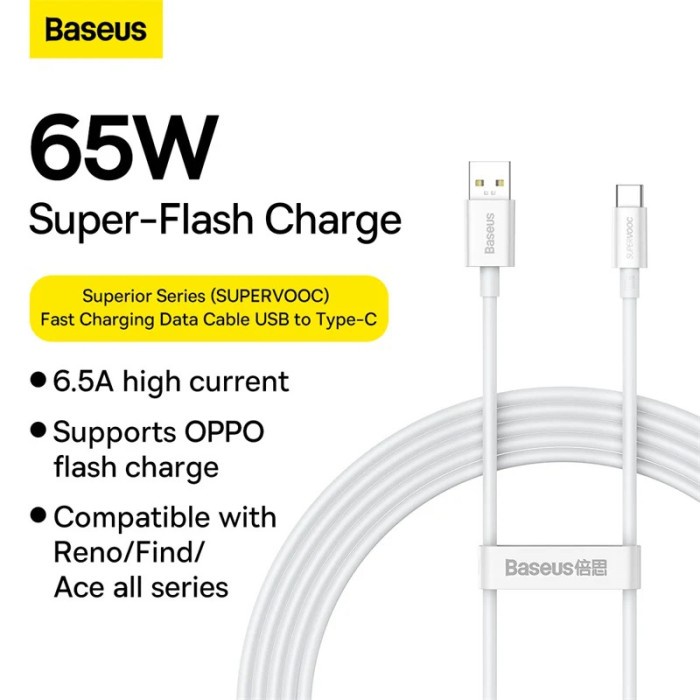 Baseus Superior SUPERVOOC สายเคเบิลข้อมูล OPPO USB to Type C 65W