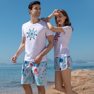 BBB Couple Short Sleeve Floral Print Casual Swimwear Beach Shorts Loose Quick Dry Swim Surfing Trunks Women Beach Wear T-shirts Lovers Pack