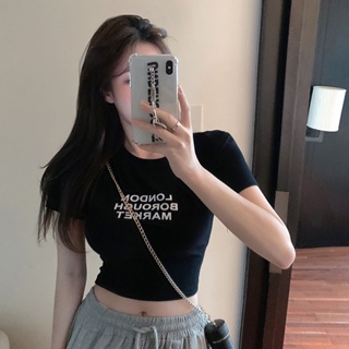 [พร้อมส่ง] เสื้อยืดแขนสั้น พิมพ์ลายตัวอักษร แบบบาง ออกแบบดี แบบเรียบง่าย สไตล์เกาหลี สําหรับผู้หญิง