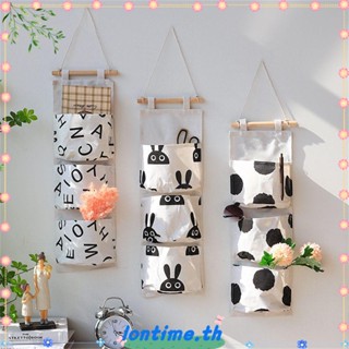 LONTIME Rabbit Hanging Storage Bags Household Wardrobe Pouch Wall Hanging Bag Bedroom Wall Mounted Cotton Linen 3 Pockets Livingroom Cosmetic Pockets Door Organizer